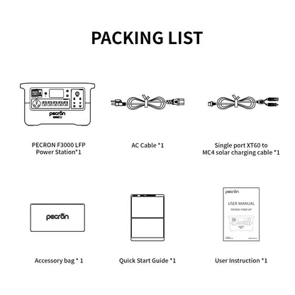 Packing list diagram with PECRON F3000 LFP Power Station and accessories on a white background