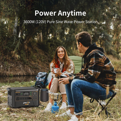 Two people sitting outdoors with a power station, camping scenario.
