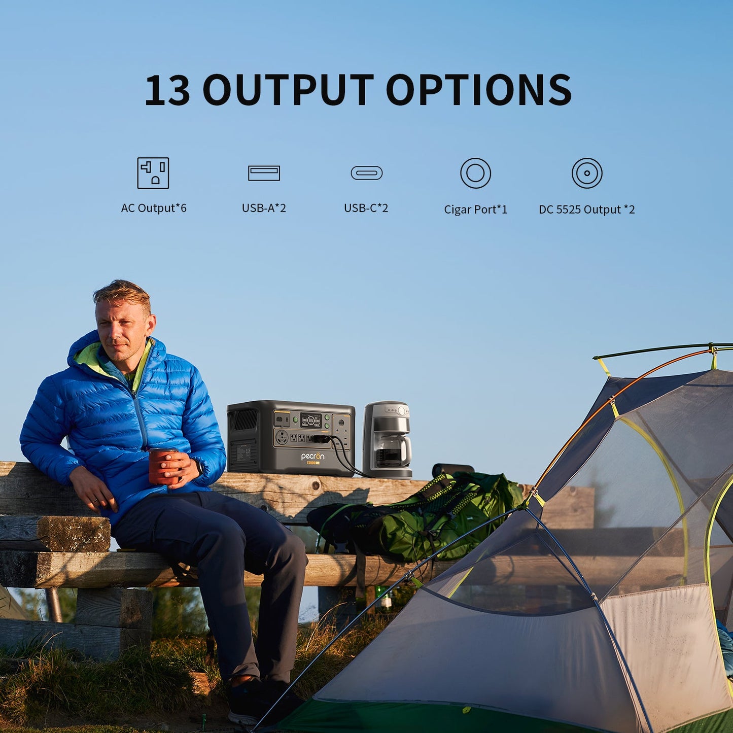 Person sitting by a camping setup with power options displayed above.