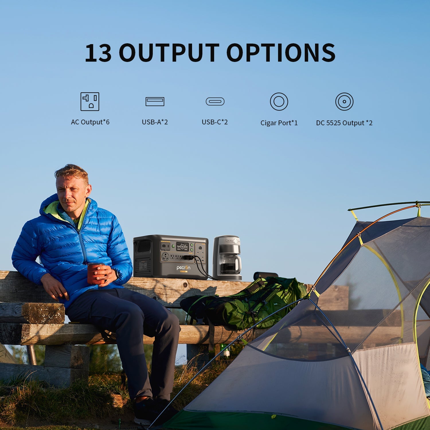 Person sitting by a camping setup with power options displayed above.
