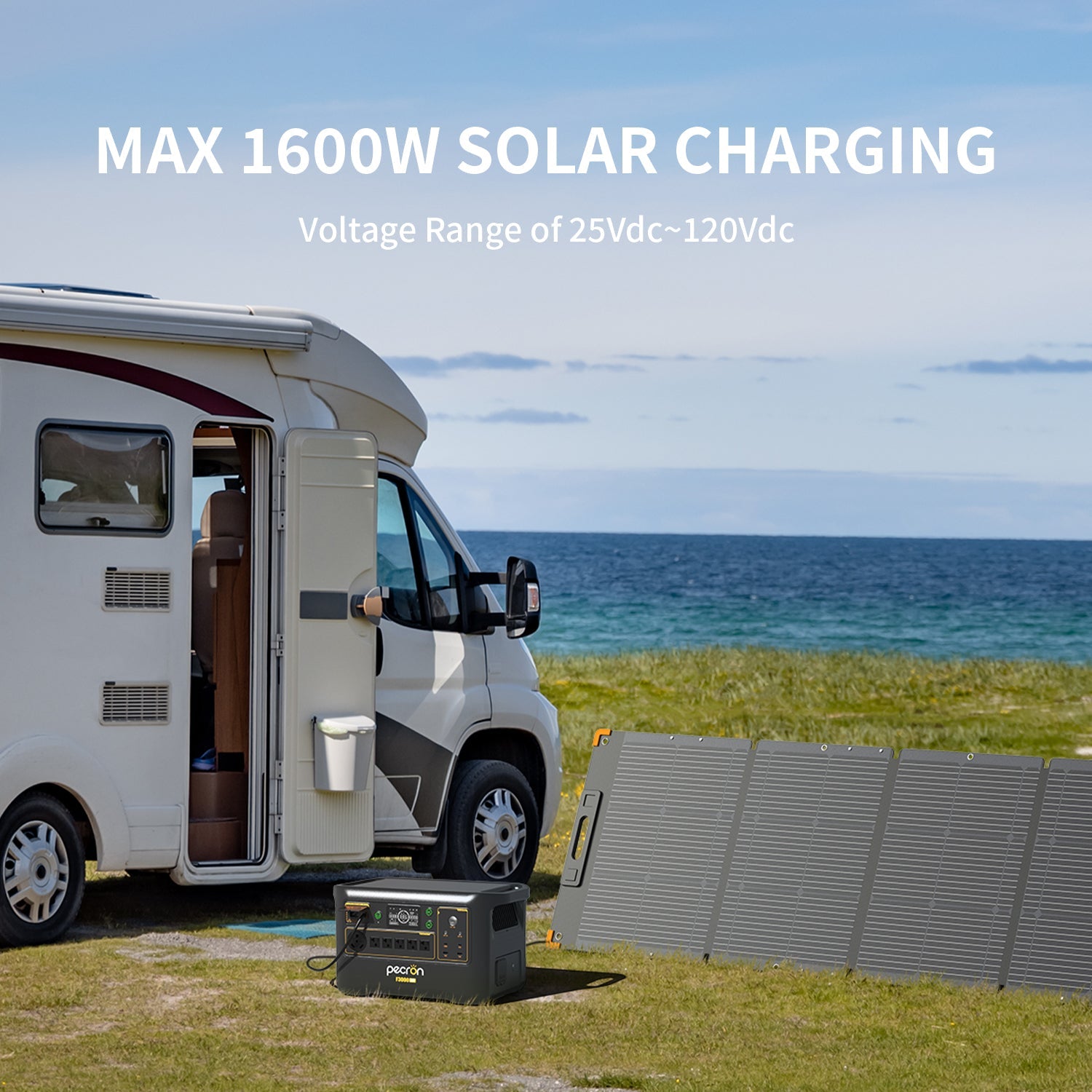 Solar charging system for an RV with a solar panel and battery on a grassy area by the ocean.