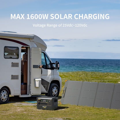 Solar charging system for an RV with a solar panel and battery on a grassy area by the ocean.
