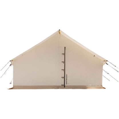Beige camping tent with a brand logo on a white background