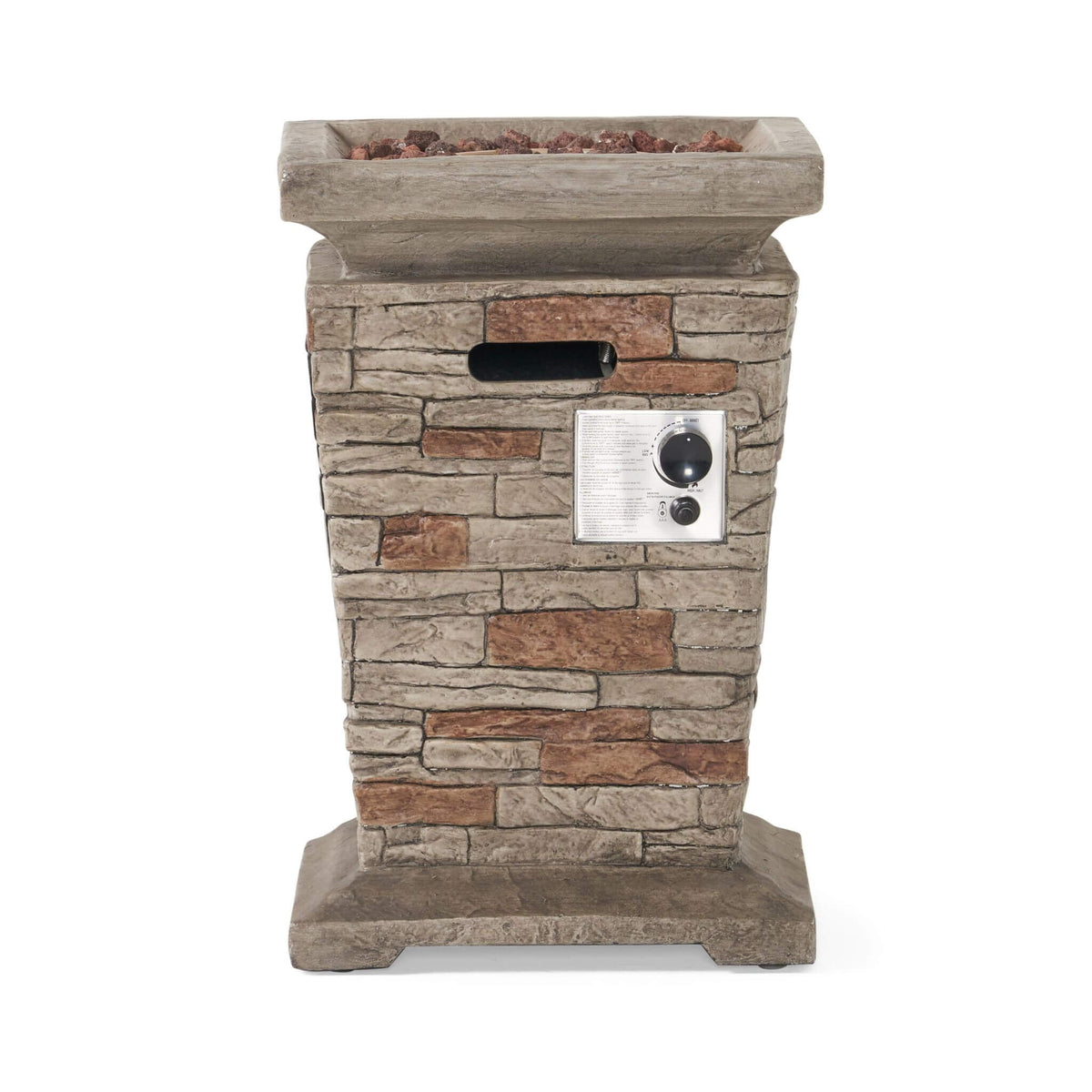 "Close-up view of the natural stone gray finish and textured surface of the magnesium oxide (MgO) outdoor fire column."