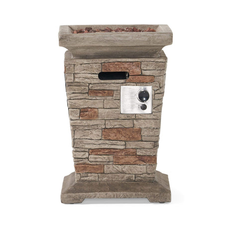 "Close-up view of the natural stone gray finish and textured surface of the magnesium oxide (MgO) outdoor fire column."