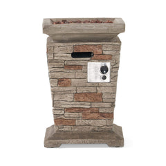"Close-up view of the natural stone gray finish and textured surface of the magnesium oxide (MgO) outdoor fire column."