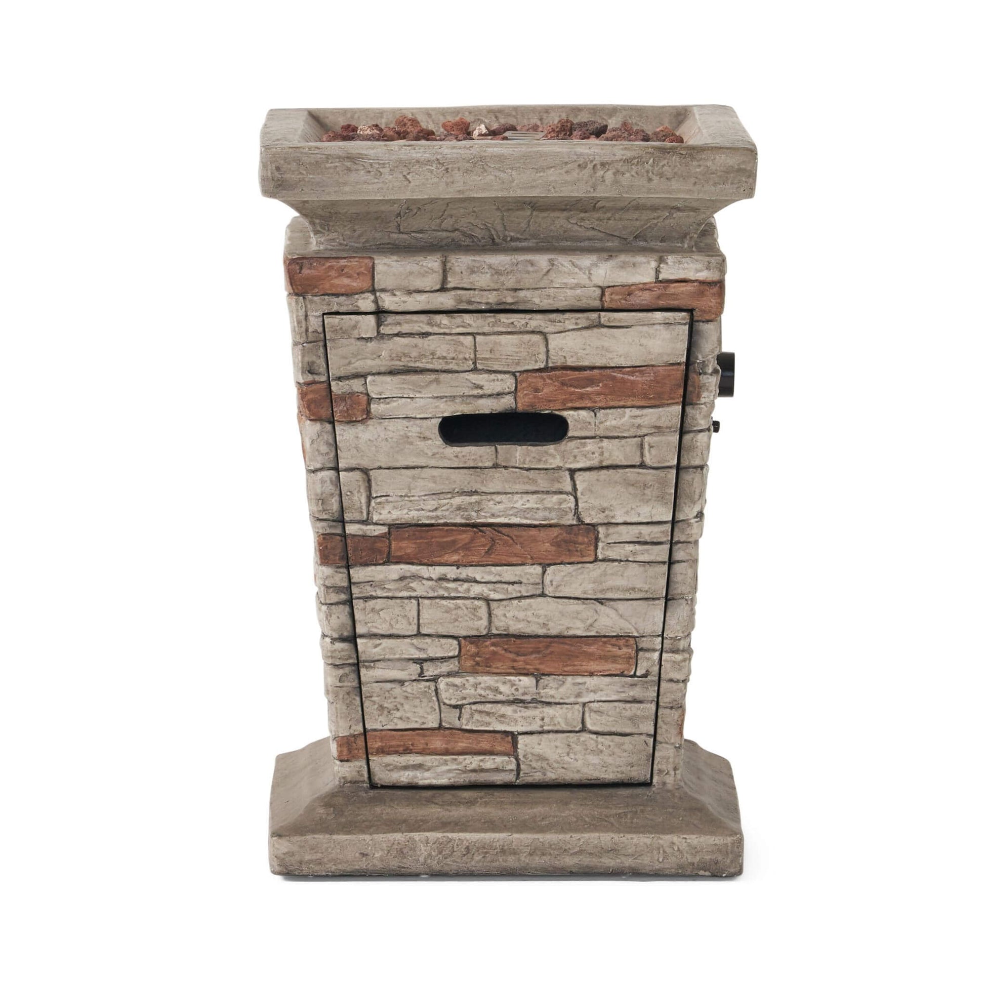 Outdoor fire column with a side panel open, revealing the hidden compartment for a standard 20 lb propane tank."