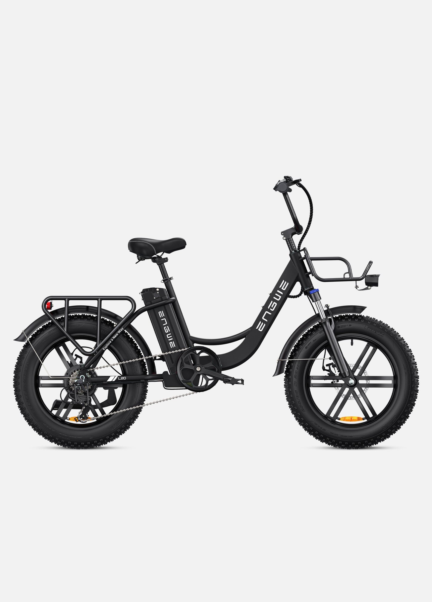 Engwe L20 e-bike parked against urban skyline backdrop

