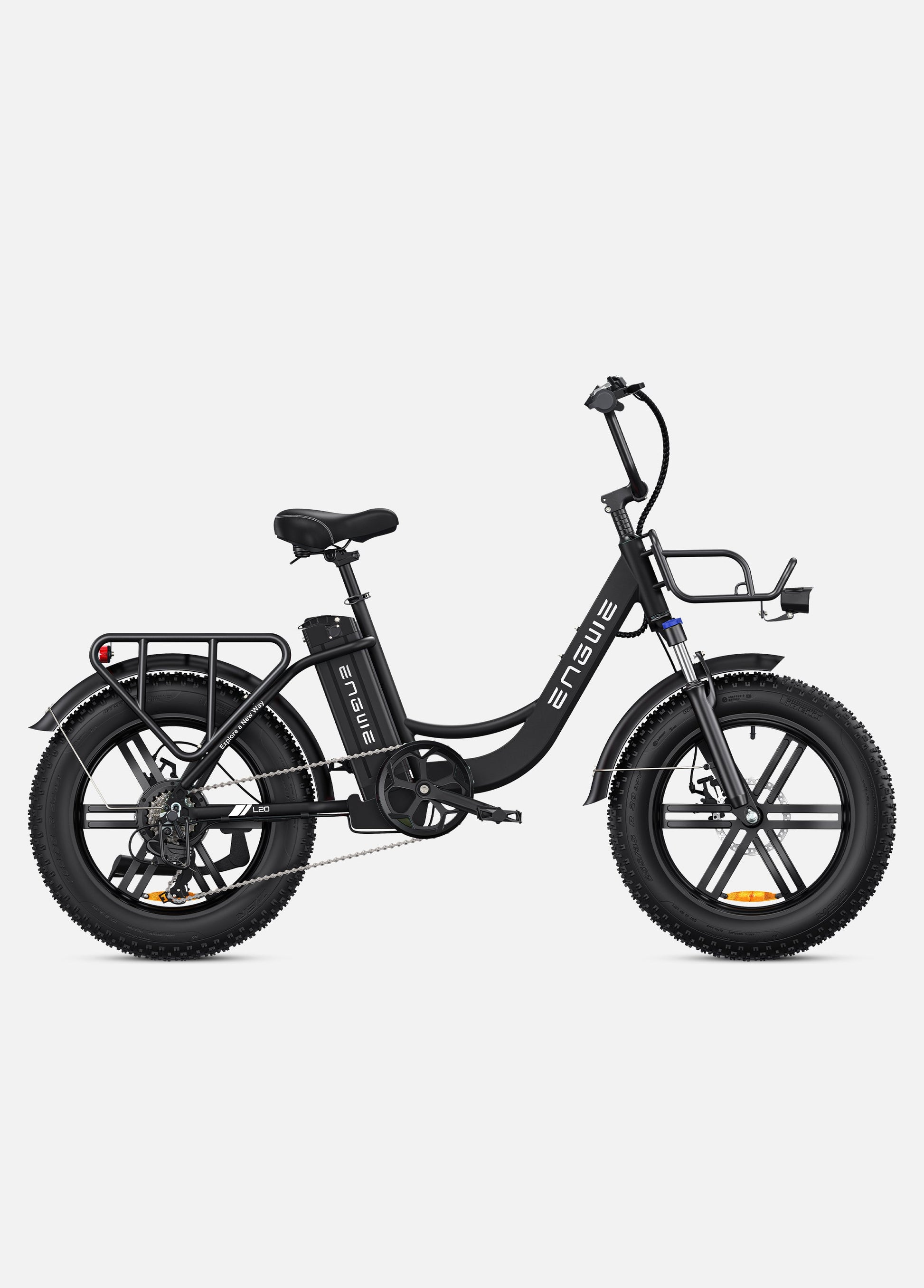 Engwe L20 e-bike parked against urban skyline backdrop

