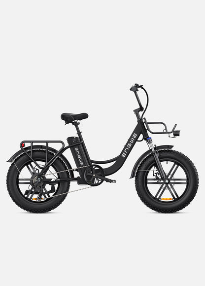 Engwe L20 e-bike parked against urban skyline backdrop

