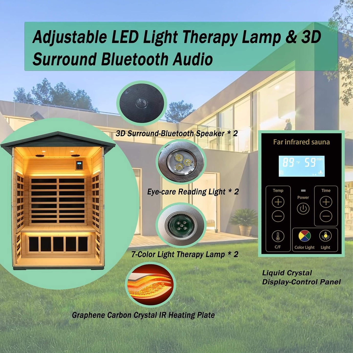 Premium 2-Person Black Carbonized Walnut Low EMF Far Infrared Outdoor Sauna with Bluetooth & LED Lighting