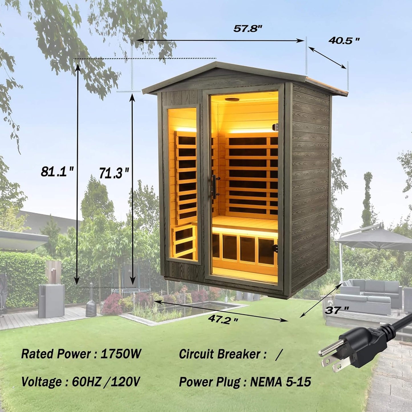 Premium 2-Person Black Carbonized Walnut Low EMF Far Infrared Outdoor Sauna with Bluetooth & LED Lighting