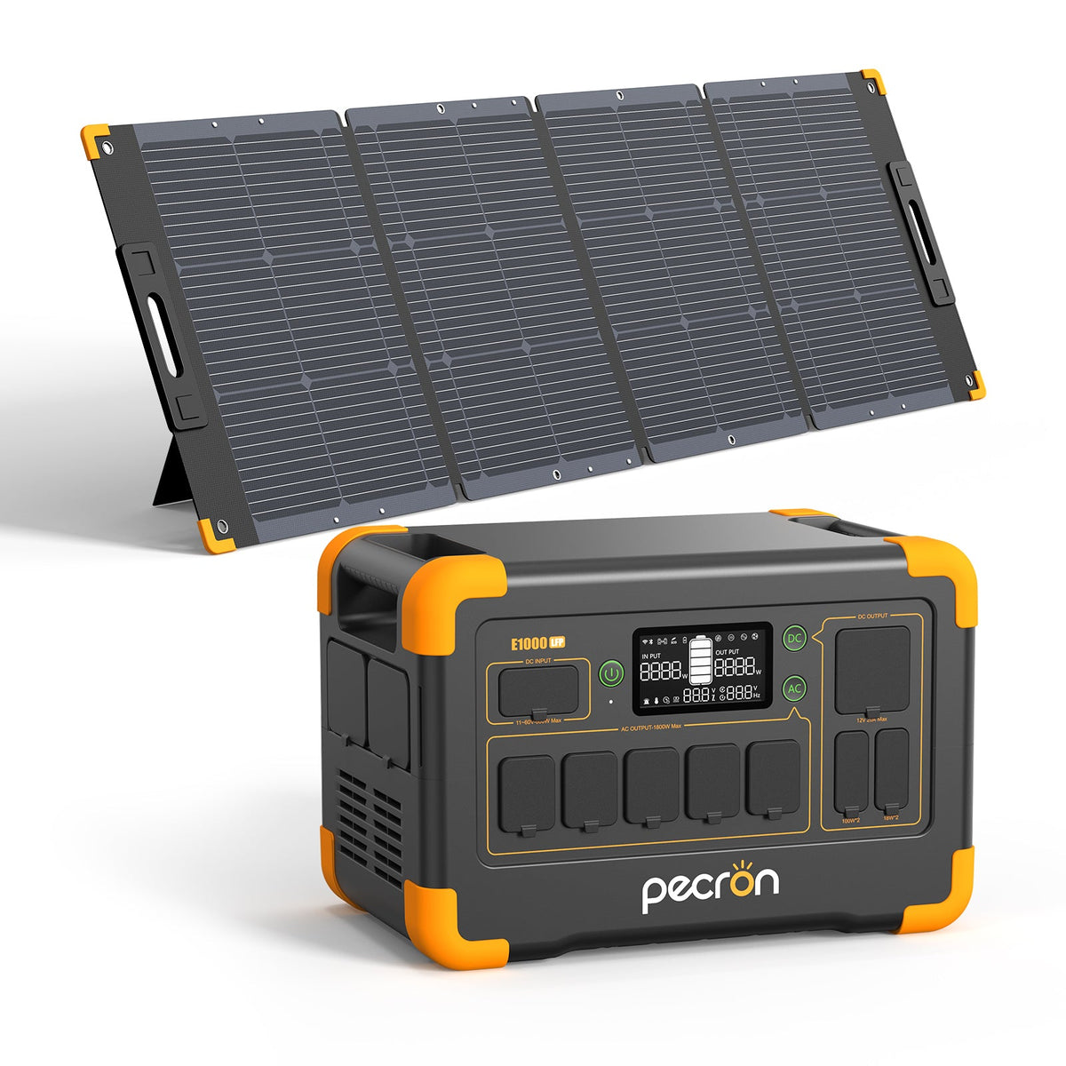 PECRON E1000LFP solar generator powering campsite devices with 200W solar panel

