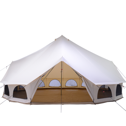 Bell tent with white top and beige bottom on a white background