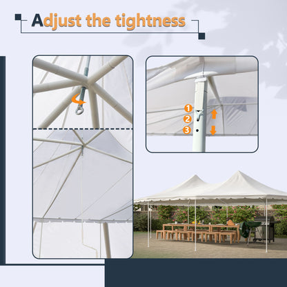 Instructions on adjusting the tightness of a white tent with close-up details and a full view of the tent.