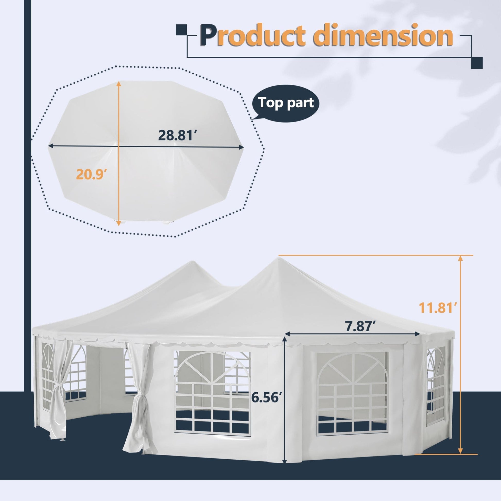 Measurement chart of a white outdoor canopy tent with dimensions labeled.