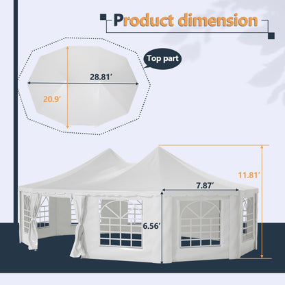 Measurement chart of a white outdoor canopy tent with dimensions labeled.