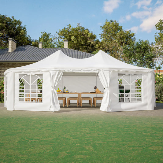 White outdoor canopy tent with curtains set up in a garden area.