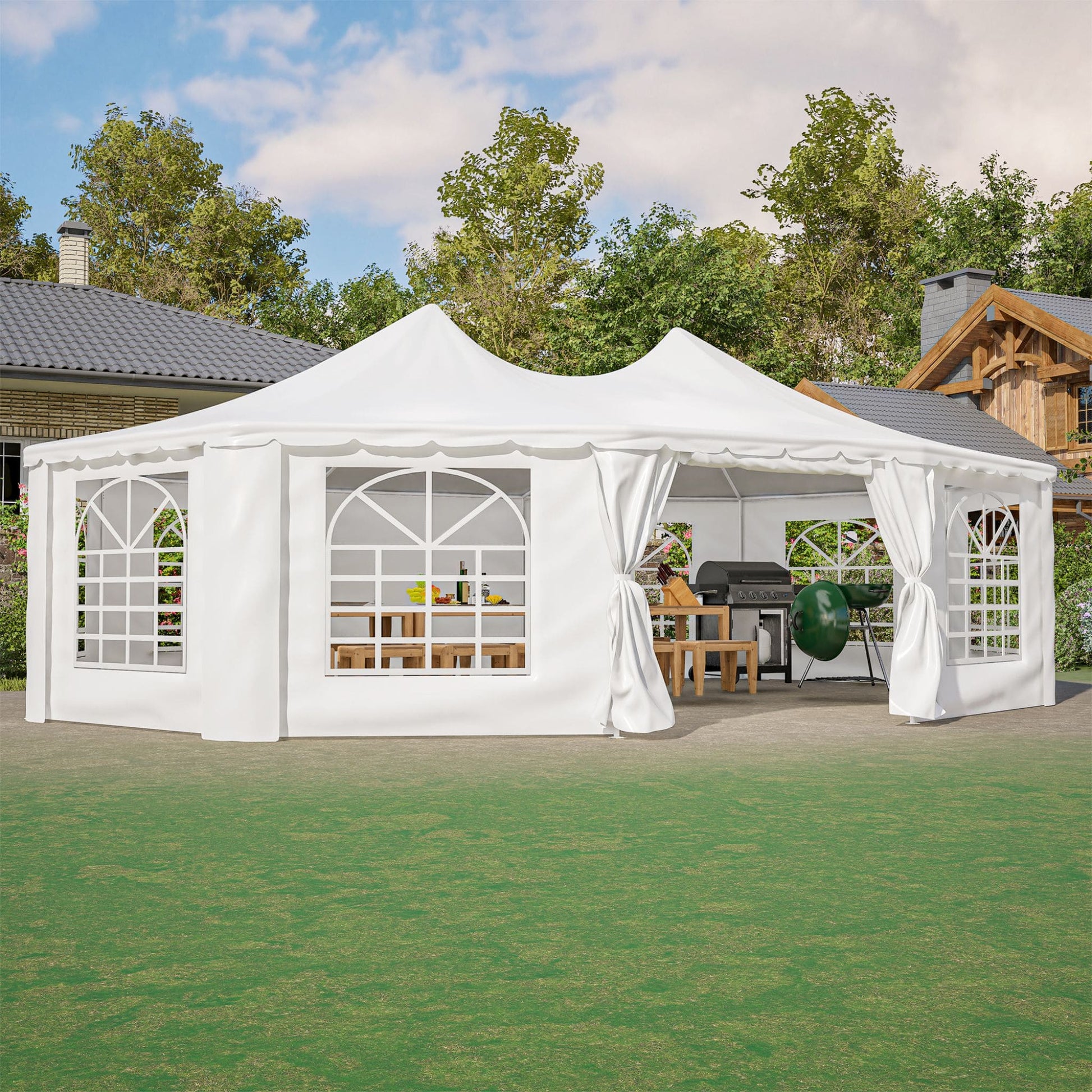 White outdoor canopy tent with curtains set up in a garden area with trees and houses in the background.