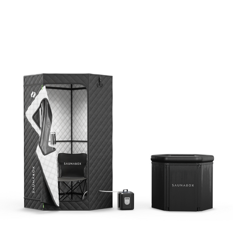 Black and white sauna box with chair and control panel on a white background