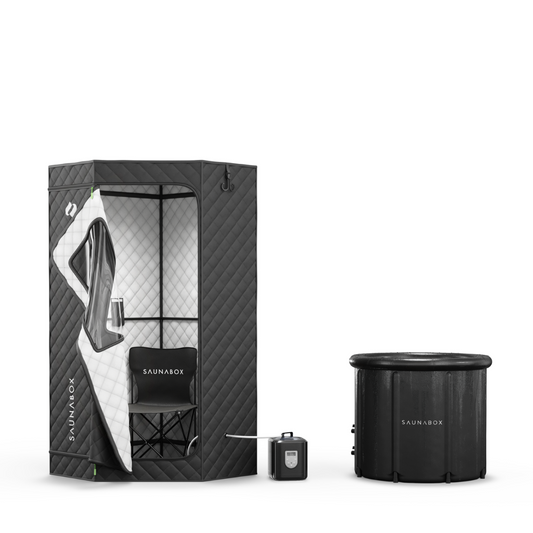 Black Saunabox sauna with chair and control panel on a white background
