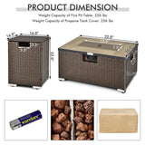 Fire pit table with dimensions and accessories on a white background