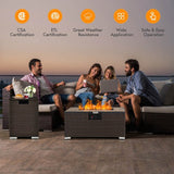 People sitting around a fire pit table on a patio with certification icons displayed.