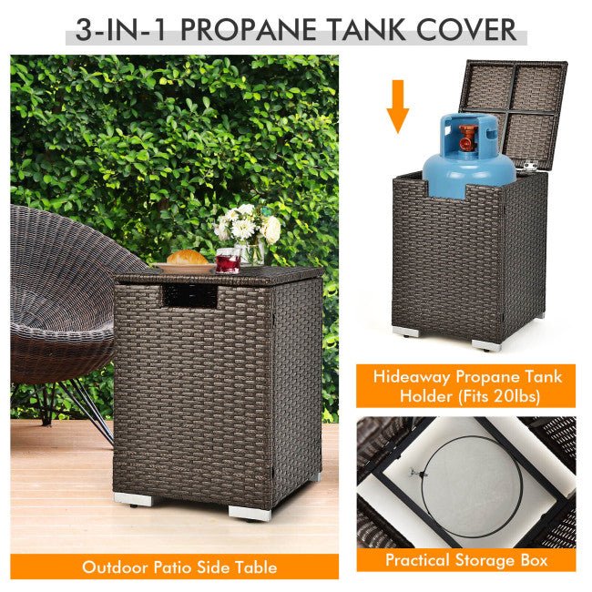 32" Propane Rattan Fire Pit Table Set W/ Side Table Tank & Cover