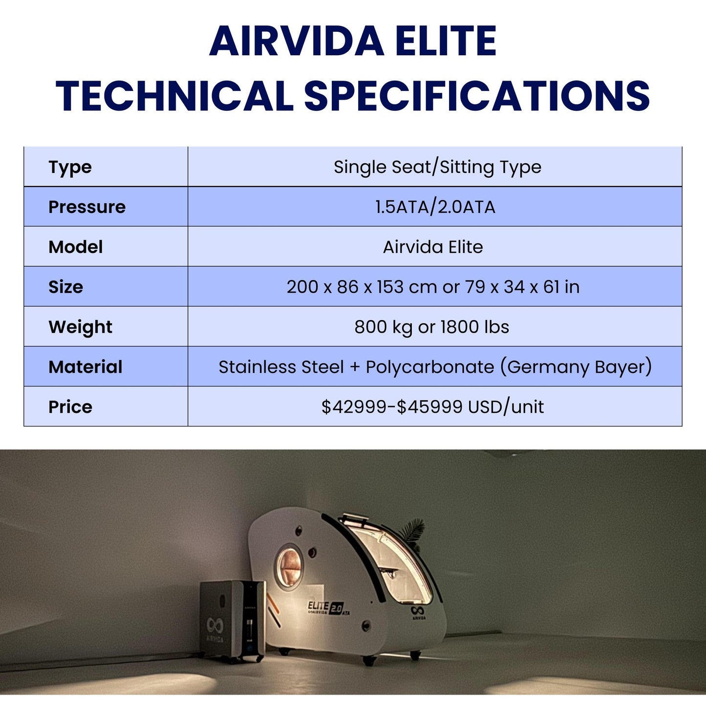 Airvida Elite 1.3–2.0 ATA Hard Shell Sitting Hyperbaric Chamber — Stainless Steel Wellness System