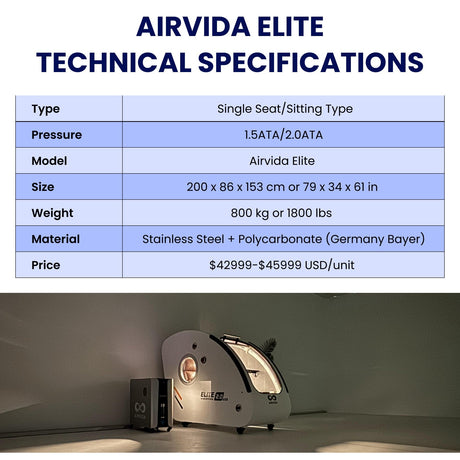 Airvida Elite 1.3–2.0 ATA Hard Shell Sitting Hyperbaric Chamber — Stainless Steel Wellness System