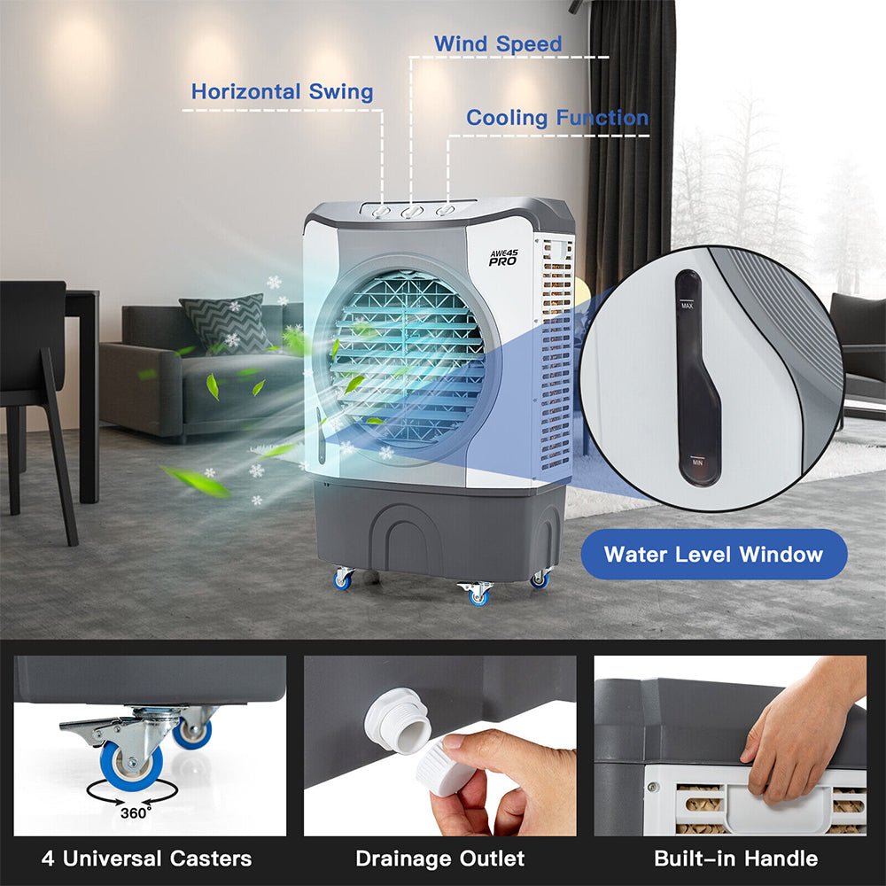 Portable air cooler with features highlighted in a room setting