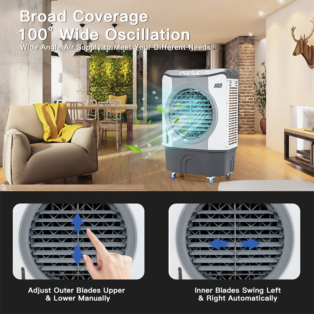 Portable air conditioner with wide oscillation feature in a living room setting