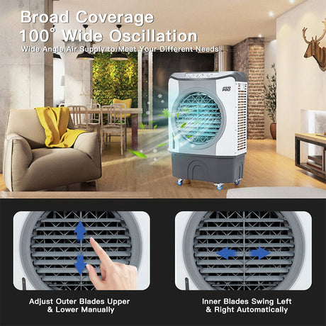 Portable air conditioner with wide oscillation feature in a living room setting