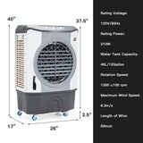 Portable air cooler with dimensions and specifications on a white background