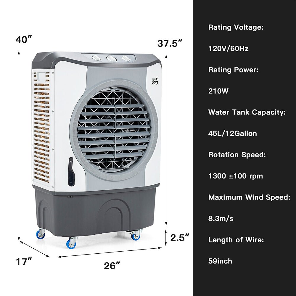 Portable air cooler with dimensions and specifications on a white background