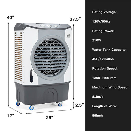 Portable air cooler with dimensions and specifications on a white background