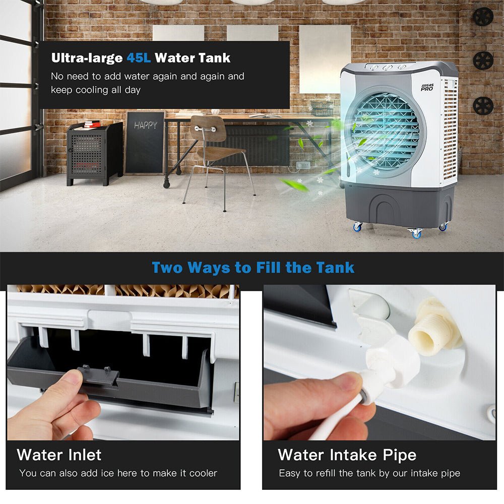 Air cooler with water tank features and refill options in a room setting.