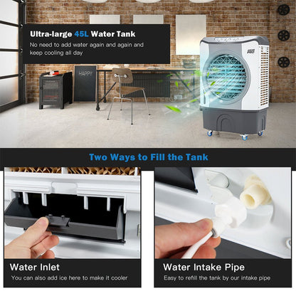 Air cooler with water tank features and refill options in a room setting.