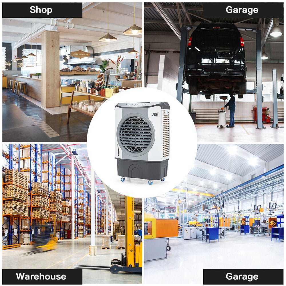 Collage of different environments with a portable air conditioner in the center.