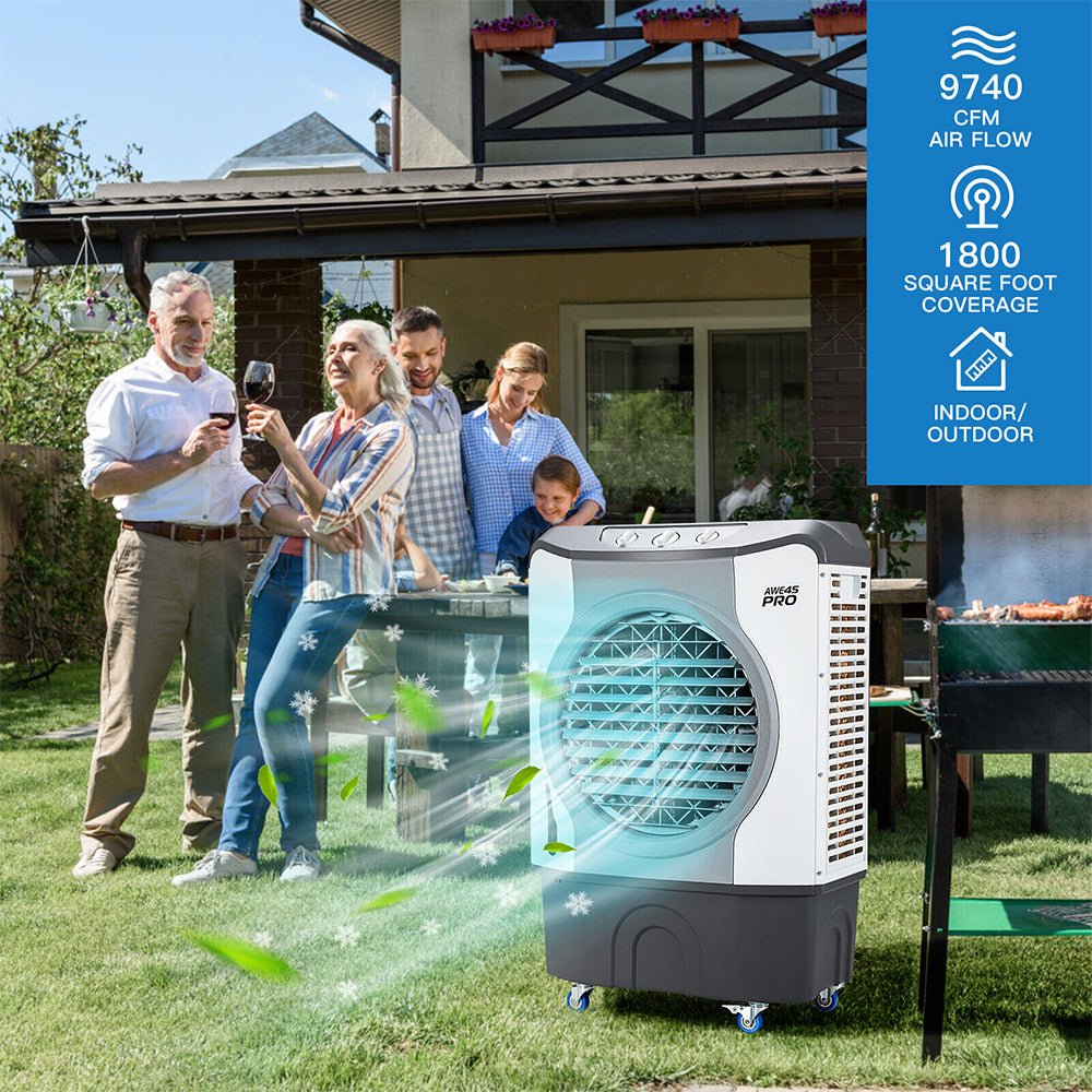 Family gathered around an outdoor air cooler with product specifications displayed.