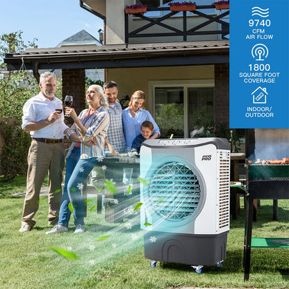 Family gathered around an outdoor air cooler with product specifications displayed.