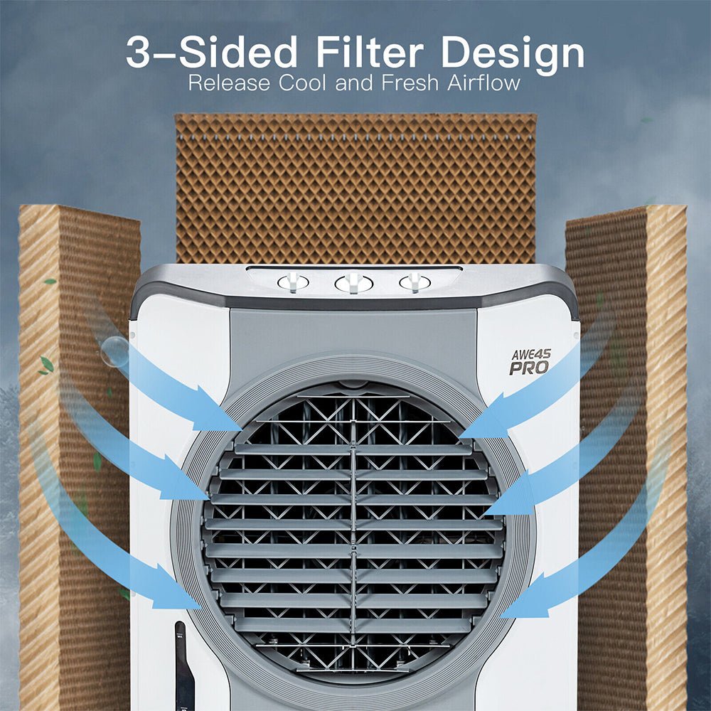 Air cooler with 3-sided filter design on a gray background