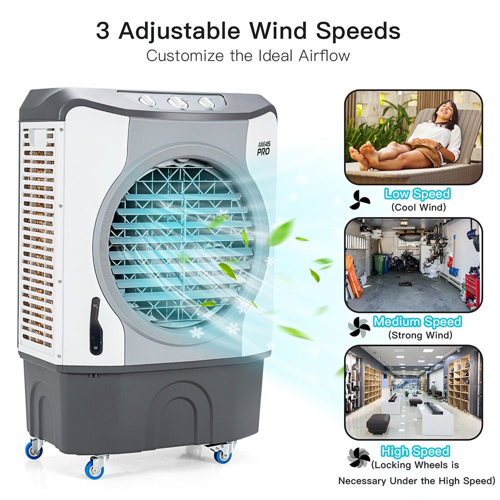 Portable air cooler with adjustable wind speeds on a white background