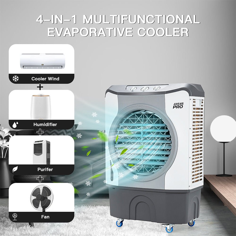 4-in-1 multifunctional evaporative cooler with features listed on a gray background