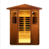 Wooden sauna with open door on a white background