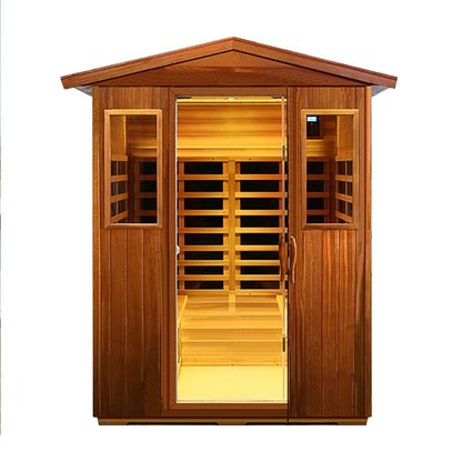 Wooden sauna with open door on a white background