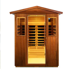 Wooden sauna with open door on a white background