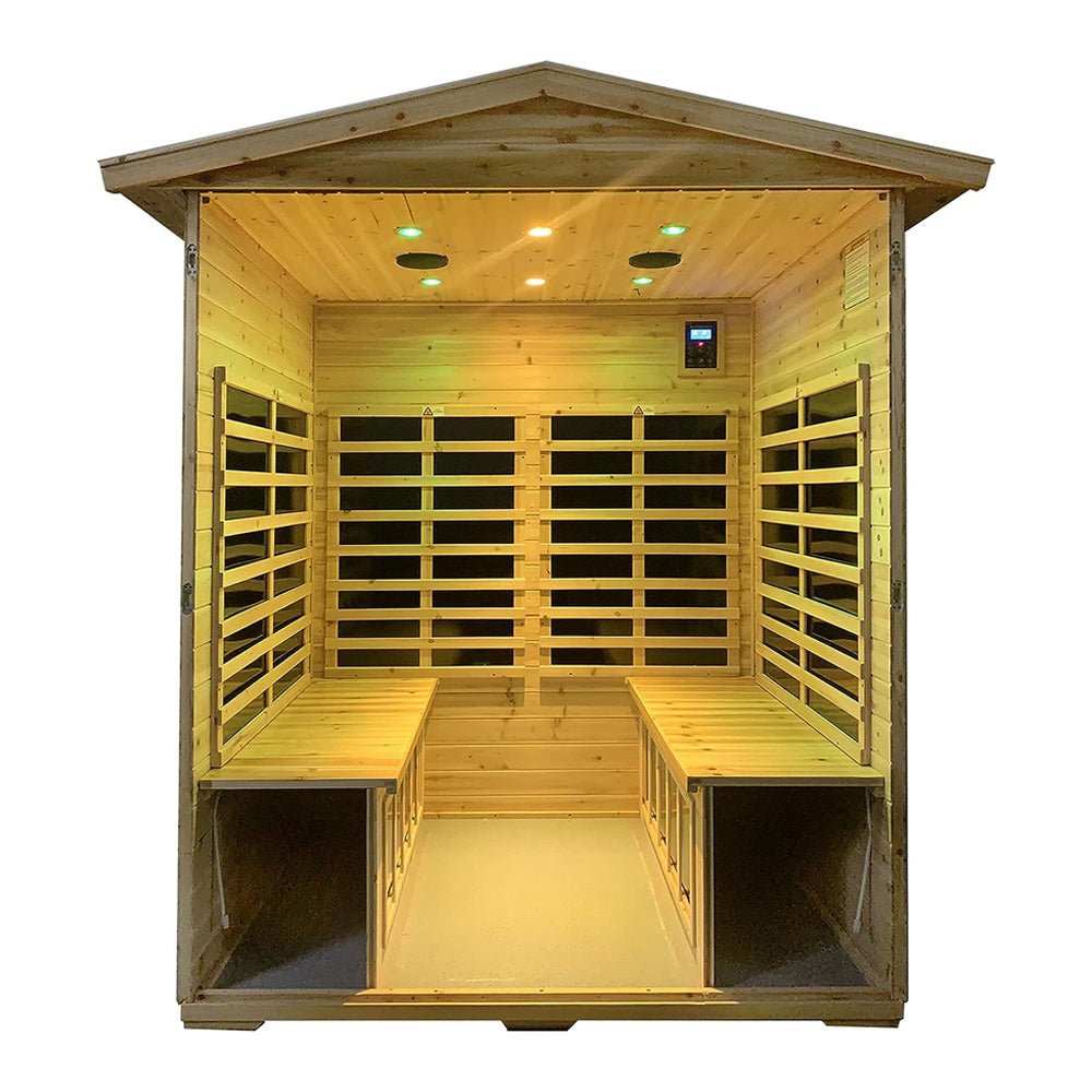 Wooden sauna with benches and interior lights on a white background