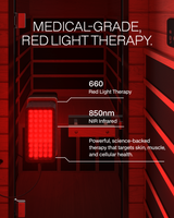 Red light therapy chamber with text highlighting medical-grade red light therapy and NIR infrared.