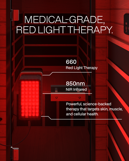 Red light therapy chamber with text highlighting medical-grade red light therapy and NIR infrared.
